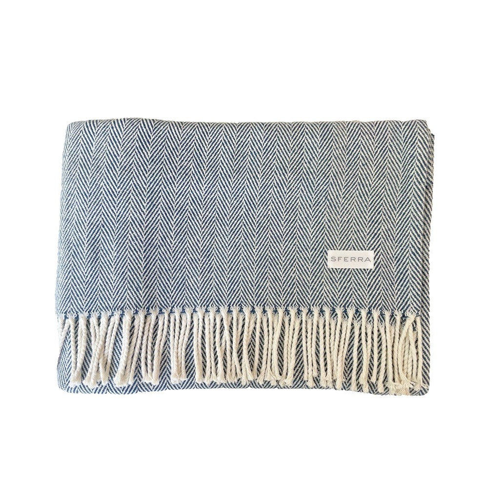 New SFERRA Blue Herringbone 51x71 Throw Blanket 100% Cotton Twisted Fringe NIB
